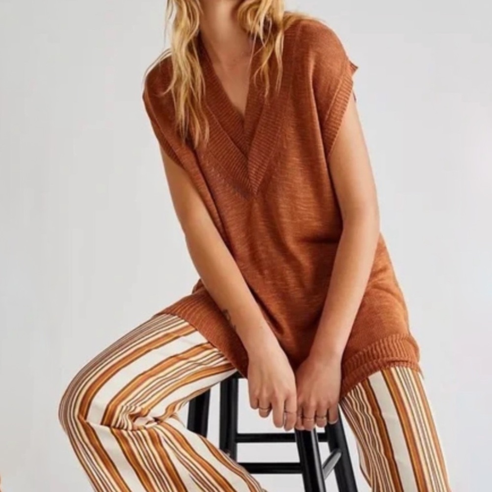 Free People Hannah Vest Oversize Slouchy Layer Tunic Top Burnt Orange NWOT Sz L